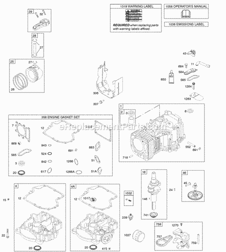 Camshaft Crankshaft Cylinder Engine Sump Gasket Set - Engine OperatorS Manual Piston Rings Connecting Rod Warning Label Diagram and Parts List for 31C707-3005-G5  Briggs and Stratton Engine